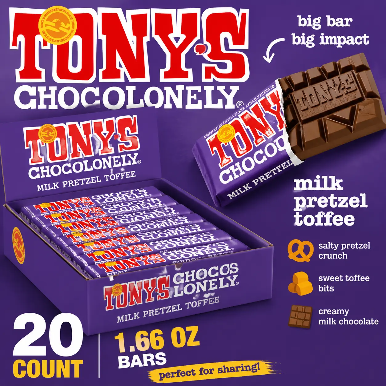 Tony's Chocolonely Milk Pretzel Toffee Chocolate Bars 1.66 oz 20 Count  Rich Milk Chocolate with Pretzel & Toffee Pieces | Premium Candy Treats
