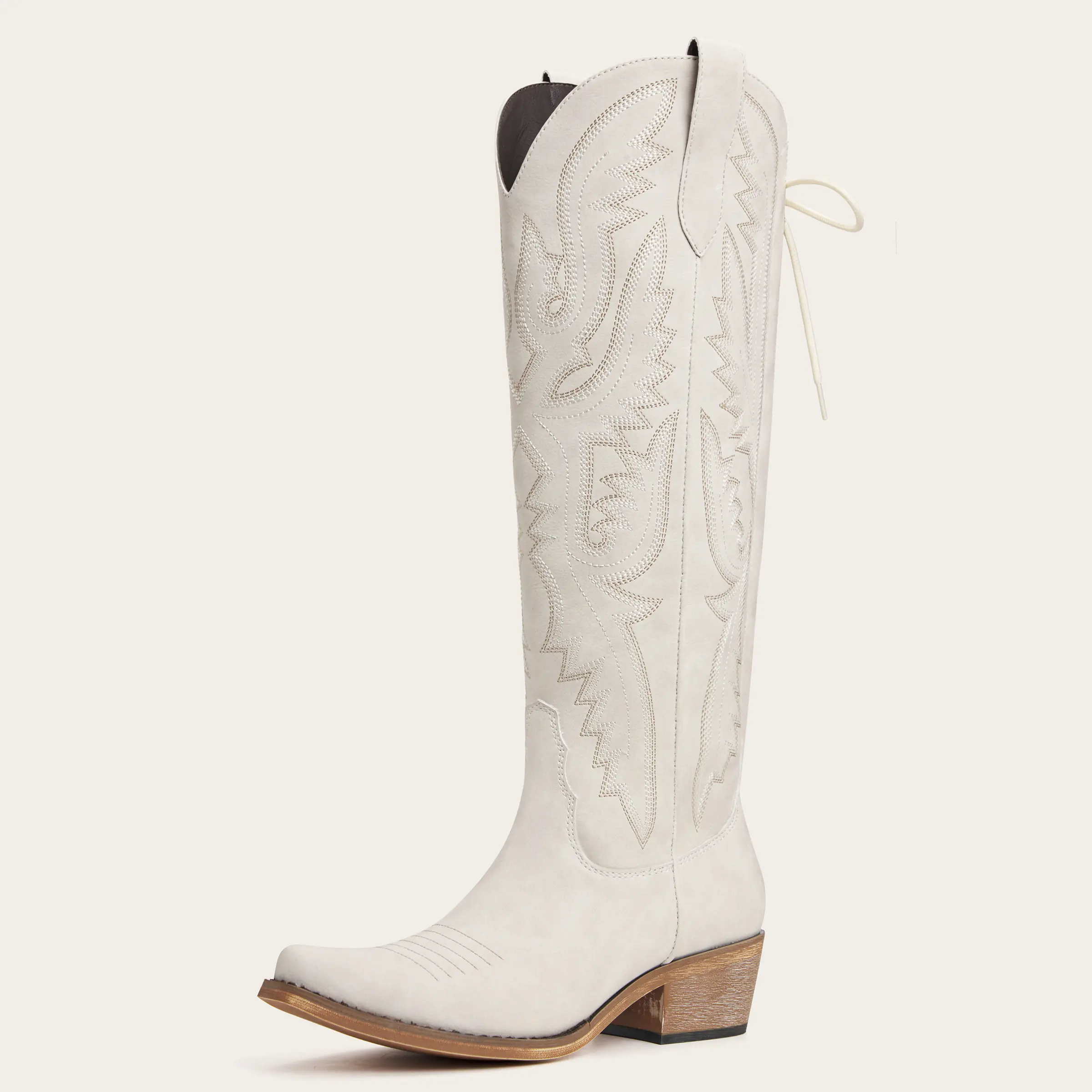 Women's Knee High Cowboy Cowgirl Boots with Flame-Shaped Embroidery Snip Toe Adjustable Back Tie Side Zipper Chunky Heel Design Women's Shoes