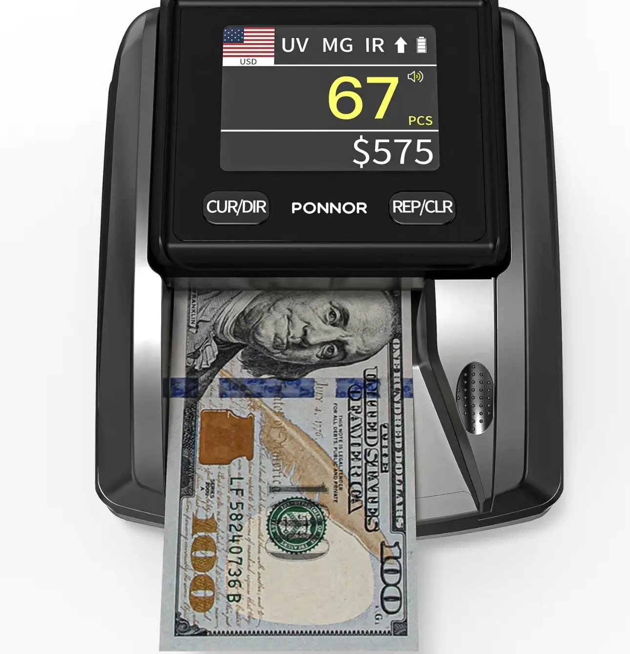Counterfeit Bill Detector for USD EUR CAD MXN - 3 Digital Screen View with Total Value Calculation, 4-Way Orientation Pass/Fail Indicator, High-Speed Bank Grade Money Counter & Checker