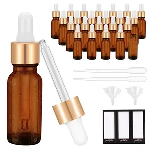 PrettyCare Eye Dropper Bottle 0.5 oz (24 Pack Glass Bottles 15ml with Golden Caps, 2 Extra Measured Pipettes, 48 Labels, 2 Funnels) Empty Tincture Bottles for Essential Oils
