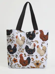 Rooster Pattern Casual Storage Bag, Night Scene, Fashionable and Trendy, Suitable for Daily Shopping, Office Use, All Seasons, Market Tote Bag, Reusable Shopping Bags, Reusable Grocery Bags, Storage Totes