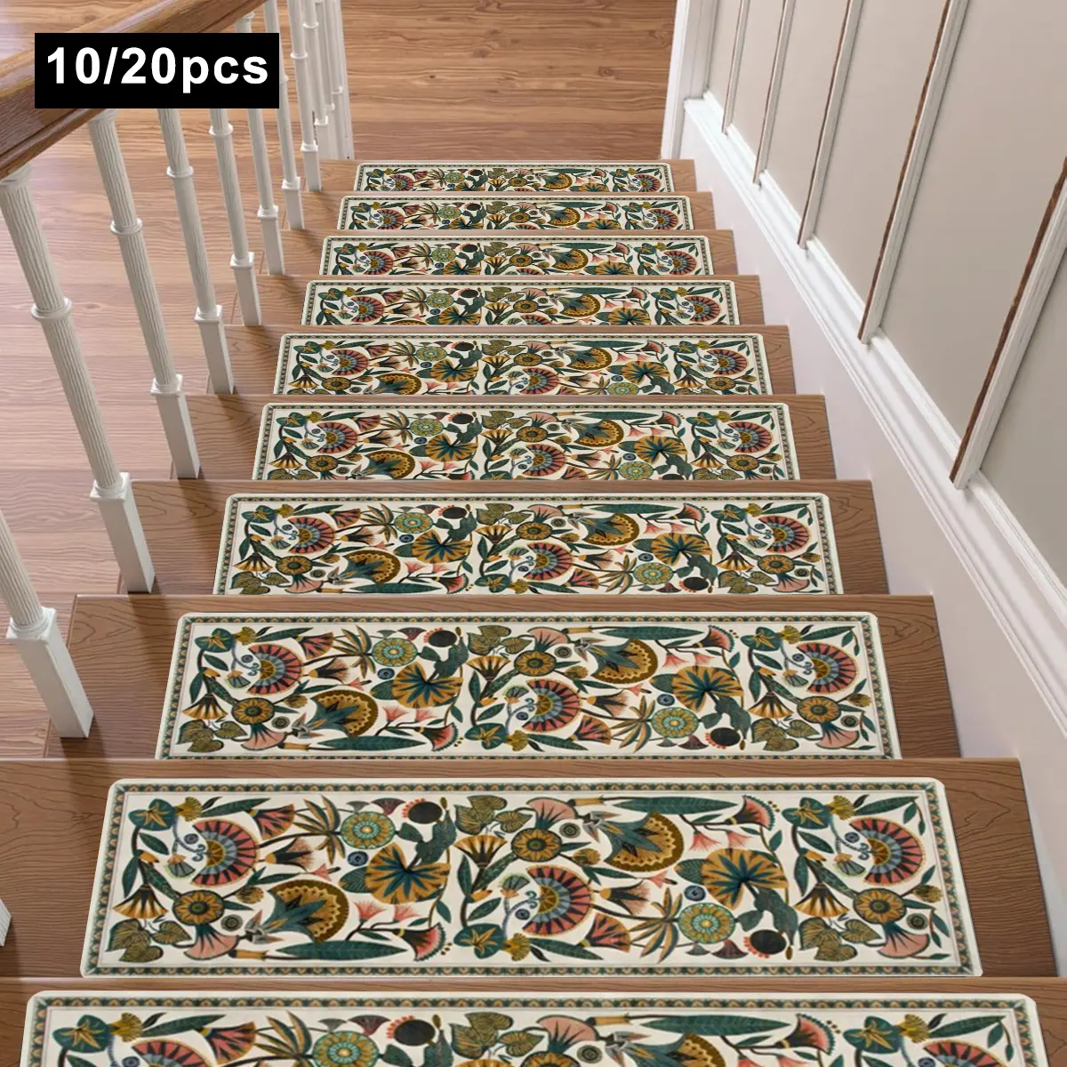non-slip stair mats, stair tread mat set of 10/20 pcs, vintage floral pattern, indoor reusable stair mats 8''X30'' suitable for wooden steps, machine washable, safe, non-slip stair decorative mats, easy to clean, suitable for indoor use, Boho Runner Rug