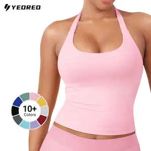 YEOREO SoftHue Women's Impact Halter Tank Top Longline Backless Scoop Neck Built-in Bra Sports Workout Gym Crop Top Greenish