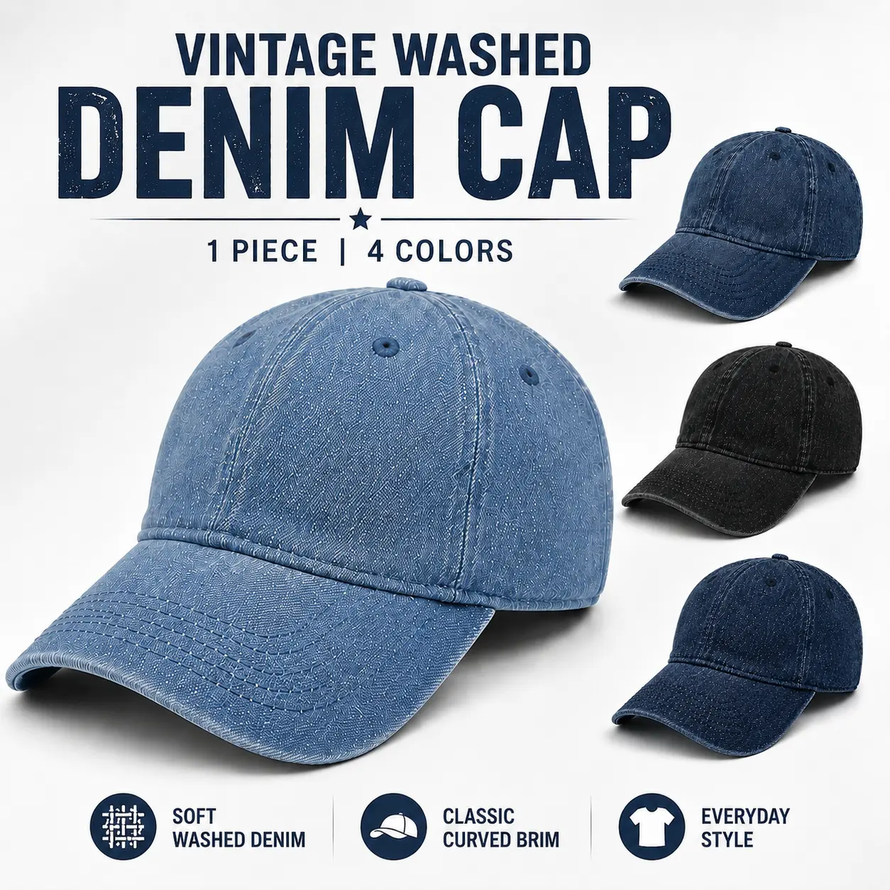 Unisex Vintage Washed Denim Baseball Cap, Adjustable Classic Curved Brim Dad Hat, Casual Streetwear Headwear for Men and Women