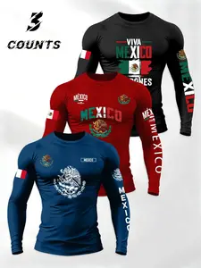 Men's Round Neck Knit Pullover, Mexican Theme Letter Flag Print Design, Casual Fashion Long Sleeve T-Shirt, Perfect for Spring & Fall