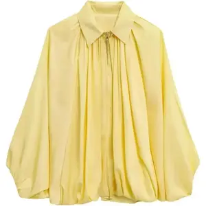 Women's Puffed Bomber Jacket Oversized Lapel Collar Streetwear Coat Long Casual Batwing Sleeve Zip Pleated Shirts