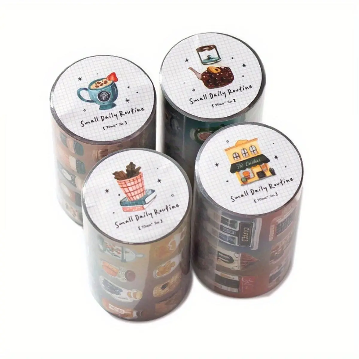 4 styles of 8m die cut tapes featuring street side architecture, tea sets and snacks, coffee and dessert themes, modern minimalist style, DIY planner decoration material tape