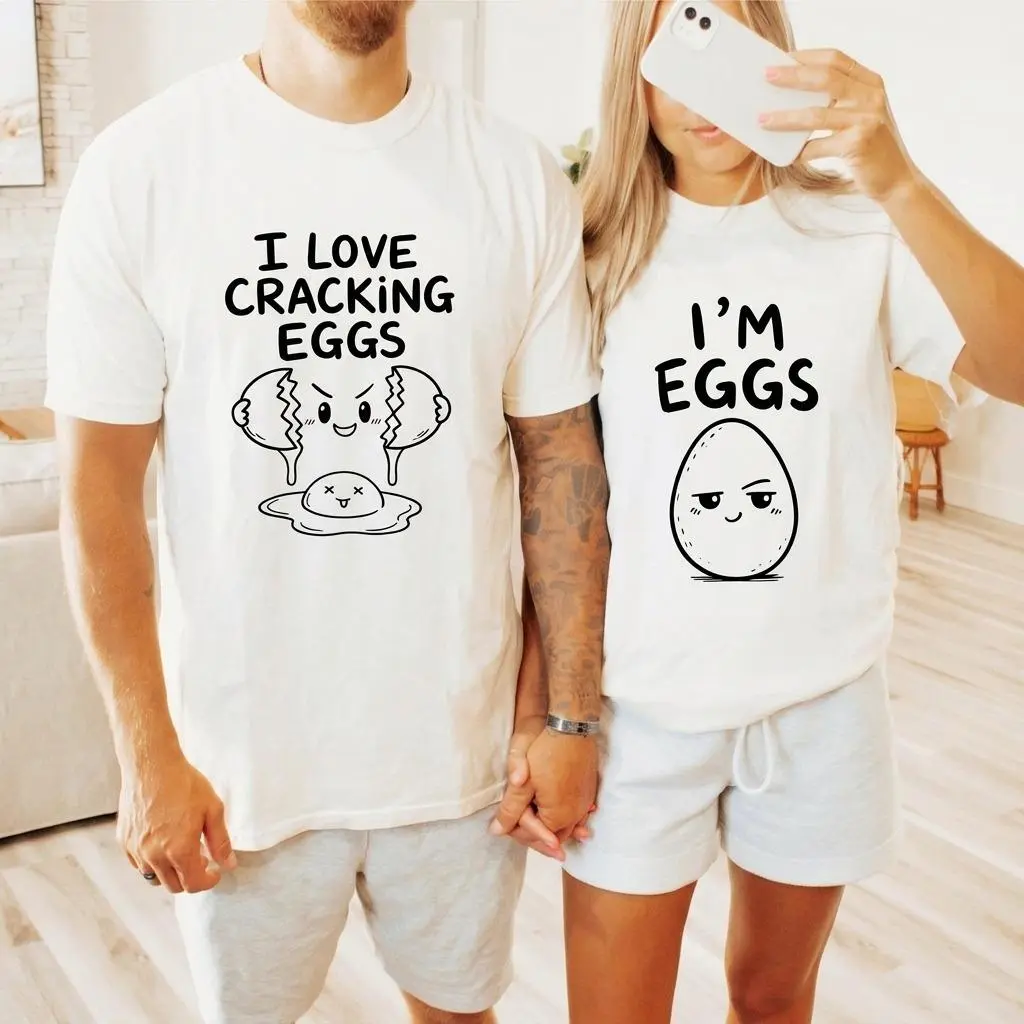 I Love Cracking Eggs Im Eggs Matching Couple Shirts, Funny Graphic Tee Outfits for Couples, Soft Cotton Unisex Matching T-Shirts Set, Trendy Streetwear Outfit