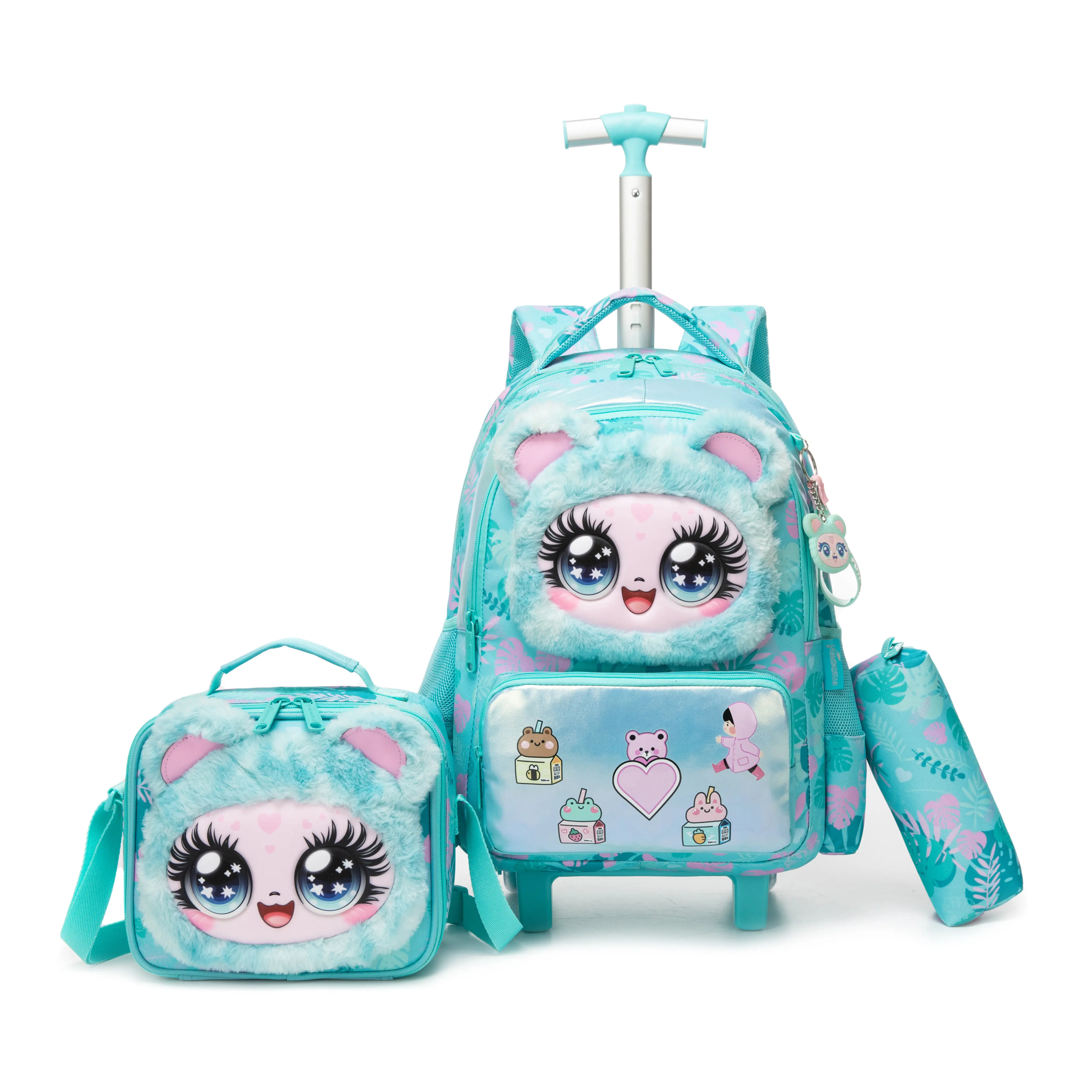 Girls' Cute Plush Bear Rolling Backpack Set, 3-in-1 with Insulated Lunch Bag & Pencil Case, Chic Tropical Leaf Print, Hangable, Adjustable, Children, Hand Wash Only, Elementary School Girls, Cute Backpack, Multi Function Backpack