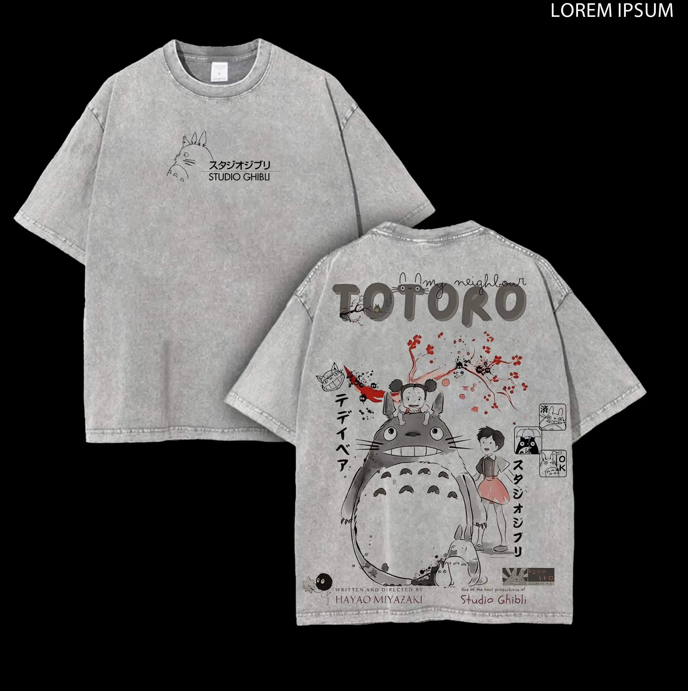 My Neighbor Totoro Studio Ghibli Menswear Tops - Unisex Oversize Vintage Washed Heavyweight Cotton Double Printed Anime Manga Tee, Gift For Anime Fans