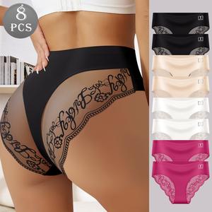 QUASTI 8-Pack Mid-Rise Spliced Lace Sexy Briefs for Women Breathable High Stretch Panties Soft Fashionable Seamless Underwear in 4 Colors Basic Minimalist PantiesS-XXL Fabric Polyester