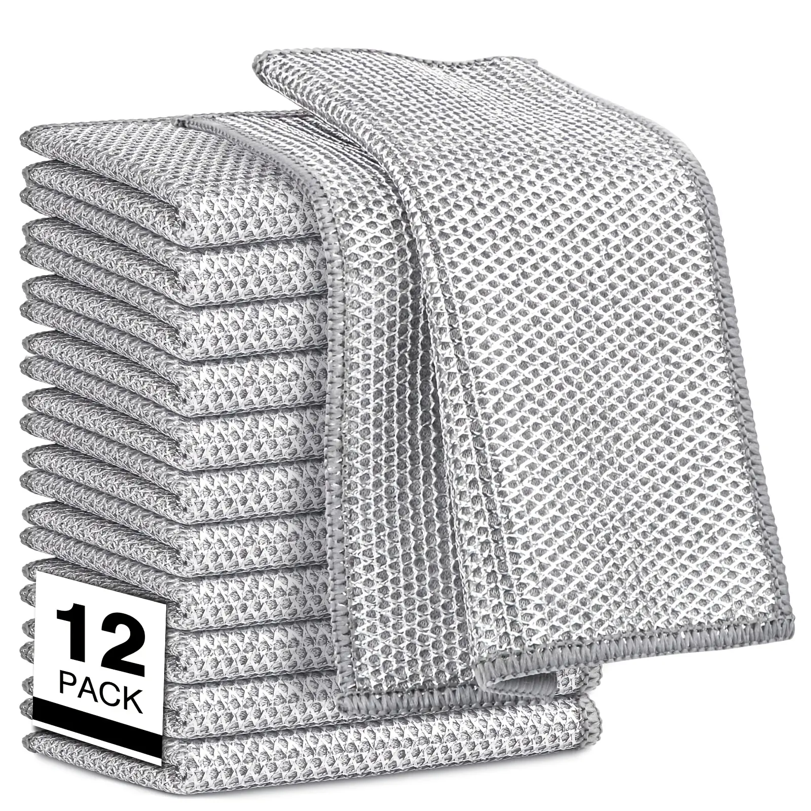 12-Pack Double-Layer Scratch-Resistant Steel Wire Dishcloths, Multi-Purpose Wet-Dry Rags, Dishcloths for Washing Dishes, Suitable for Stove and Kitchen Countertop Cleaning