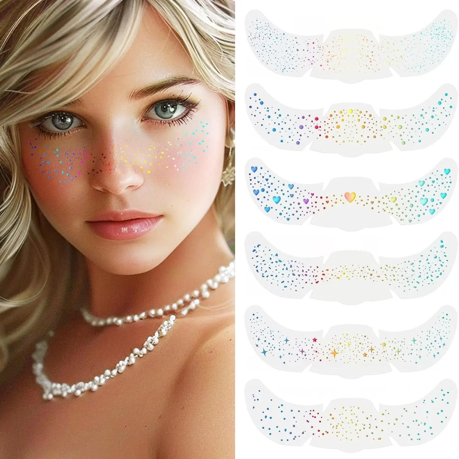 6 pieces of holographic freckle face stickers with glitter, waterproof body glitter patches, suitable for women, cute temporary glitter star stickers, festival and carnival party makeup accessories, Glitter Freckles Face Tattoo, Glitter Face Tattoos