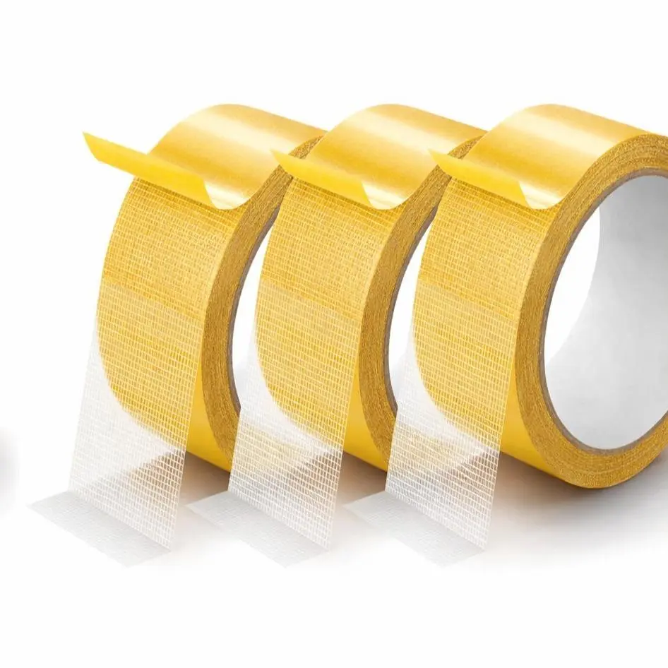 3-Pack Heavy Duty PE Mesh Double Sided Sticky Tape - High-Strength, Waterproof, Anti-Slip, Hand Tear Adhesive for Runners, Area Rugs, Arts and Craft Projects, Heavy Duty Tape