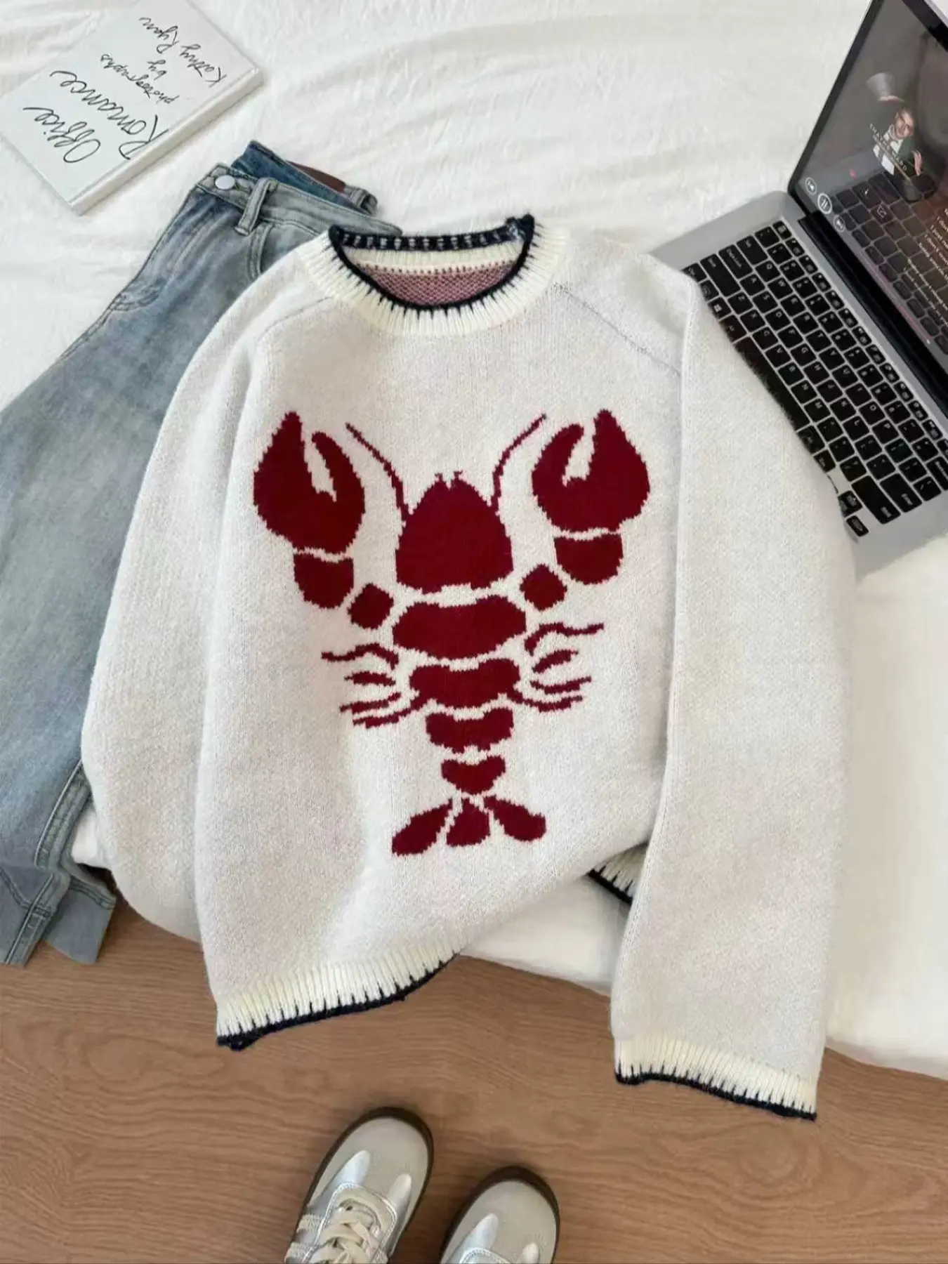 Women's Vintage Lobster Jacquard Sweater, Loose Fit Round Neck Knit Top, Colorblock Casual Pullover, Lightweight Knit Sweater for Women