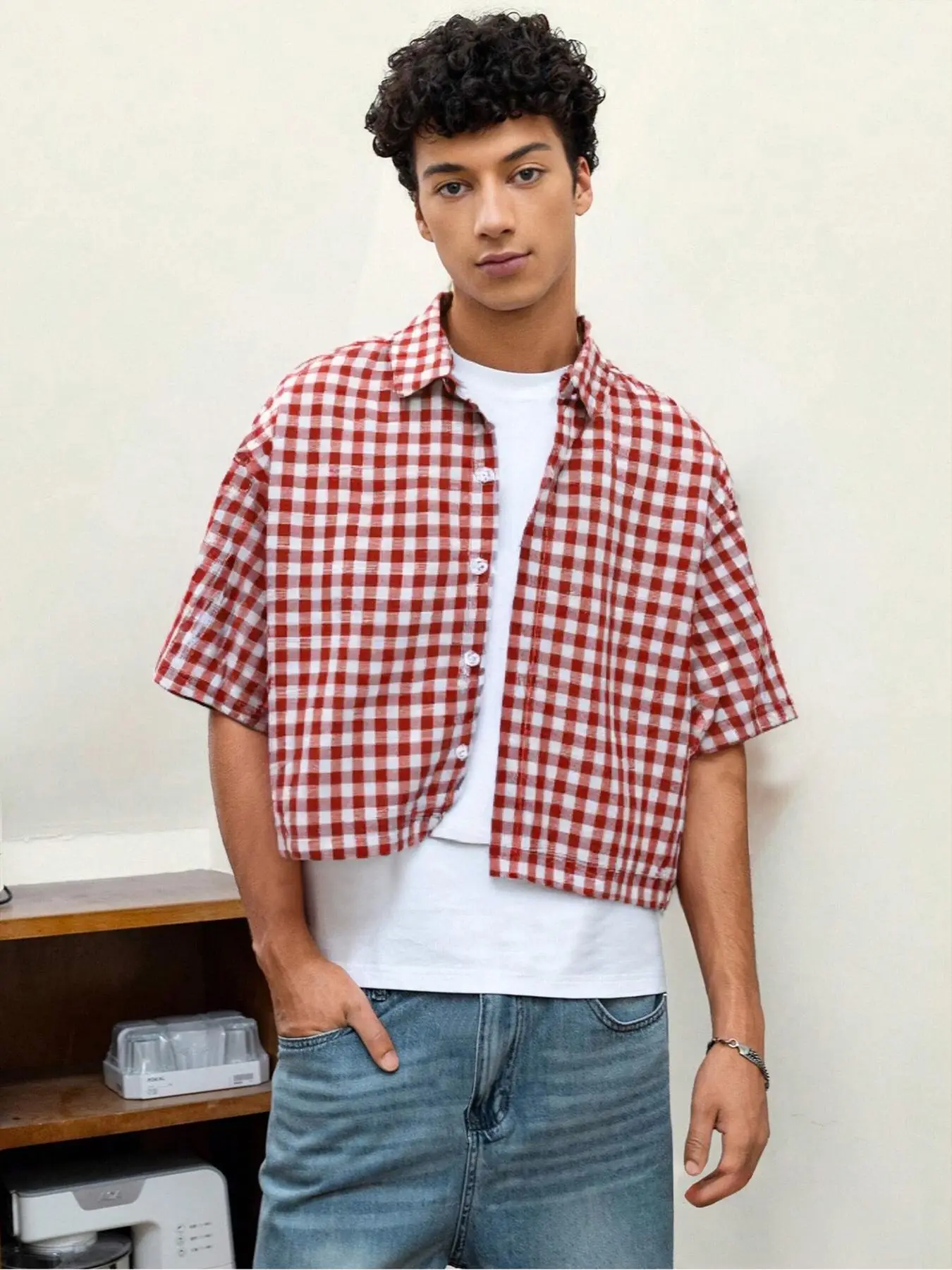 Men's Plaid Checkered Gingham Print Short Sleeve Shirt, Casual Fitted Style for Summer, Trendy Everyday Wear, Woven Fabric with Moderate Thickness, Menswear