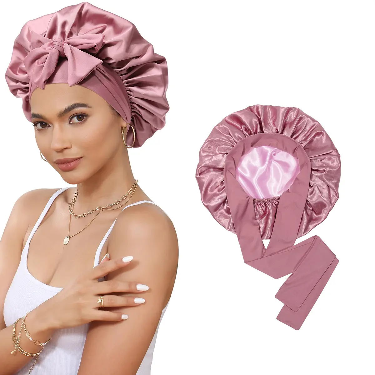 AWAYTR Women's Reversible Double-Layered Satin Bonnet with Adjustable Tie Band for Sleeping, Protects Hair and Prevents Loss, Bathroom Accessory, Hand Wash, Adjustable Size, Adults, Anti-Hair Loss, 1 Pc, Casual, Daily Use, Elastic, Nightcap