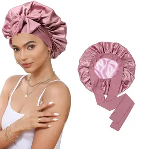 AWAYTR Women's Pink Nightcap Elastic Adjustable Shower Cap Satin Sleeping Hat With Tie Band Double Layered Hair Care Hat Headwrap