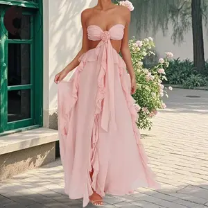 Women'sCutoutBallGownSleevelessTieBackSolidColorRuffleLongDressSummerPartyDressFormalWomenswearFormalWomenswearCasualCheckPinkFittedBasicBlueMinimalist