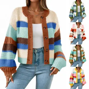 JovenPara Women's Colorblock Striped Chunky Button-Up Cardigan Sweater Coat, Aesthetic Casual Pullover with Longsleeves, Crewneck, Breathable Knitwear for Fall