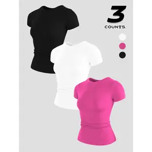 Set of 3 women’s sporty tight-fit short-sleeve tops—soft, seamless yoga gym shirts comfortable for all seasons; fashionable fitness clothing set for workouts and gym wear