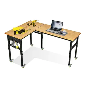 L-Shaped Adjustable Workbench 48"+48" with Power Outlet & Wheels - 2000lbs Capacity Heavy Duty Garage Workshop Table with Pegboard & Rubber Wood Top for Home Office DIY Projects