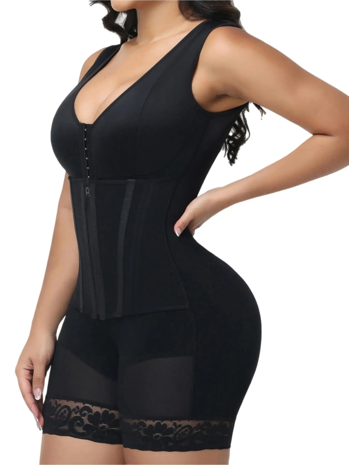 1 Count Women's Adjustable Zipper Hooks Closure Shapewear Bodysuit Underwear, Curve Hugging Compression Body Shaper, Butt Lifting Tummy Control Full Body Shaper, Lace Trim Design Hourglass Curves Jumpsuit, Suitable For Office Wear, Casual Outings