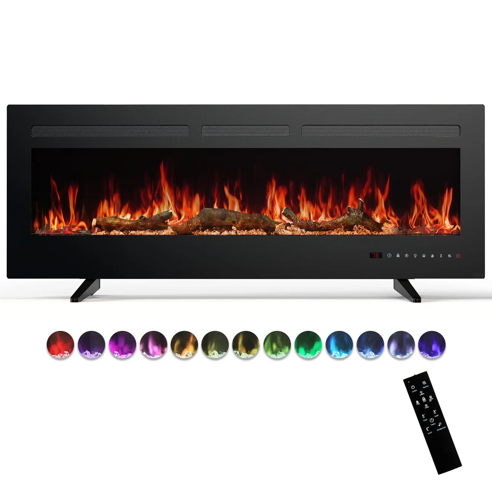1500W Corded Plug Electric Fireplace Insert - Wall-Mounted, Recessed, Freestanding Adjustable Home Heater with Remote Control, Touch Sensor, Flame Control, 12H Timer, Child Lock, Energy Efficient for Indoor Use
