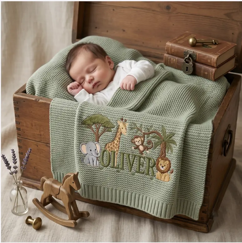 [Made-to-Order] Personalized Safari Embroidered Baby Blanket, Custom Name Lion Monkey Knit Throw, Newborn Gift, Gift for Baby Boy, Welcome Baby Blanket