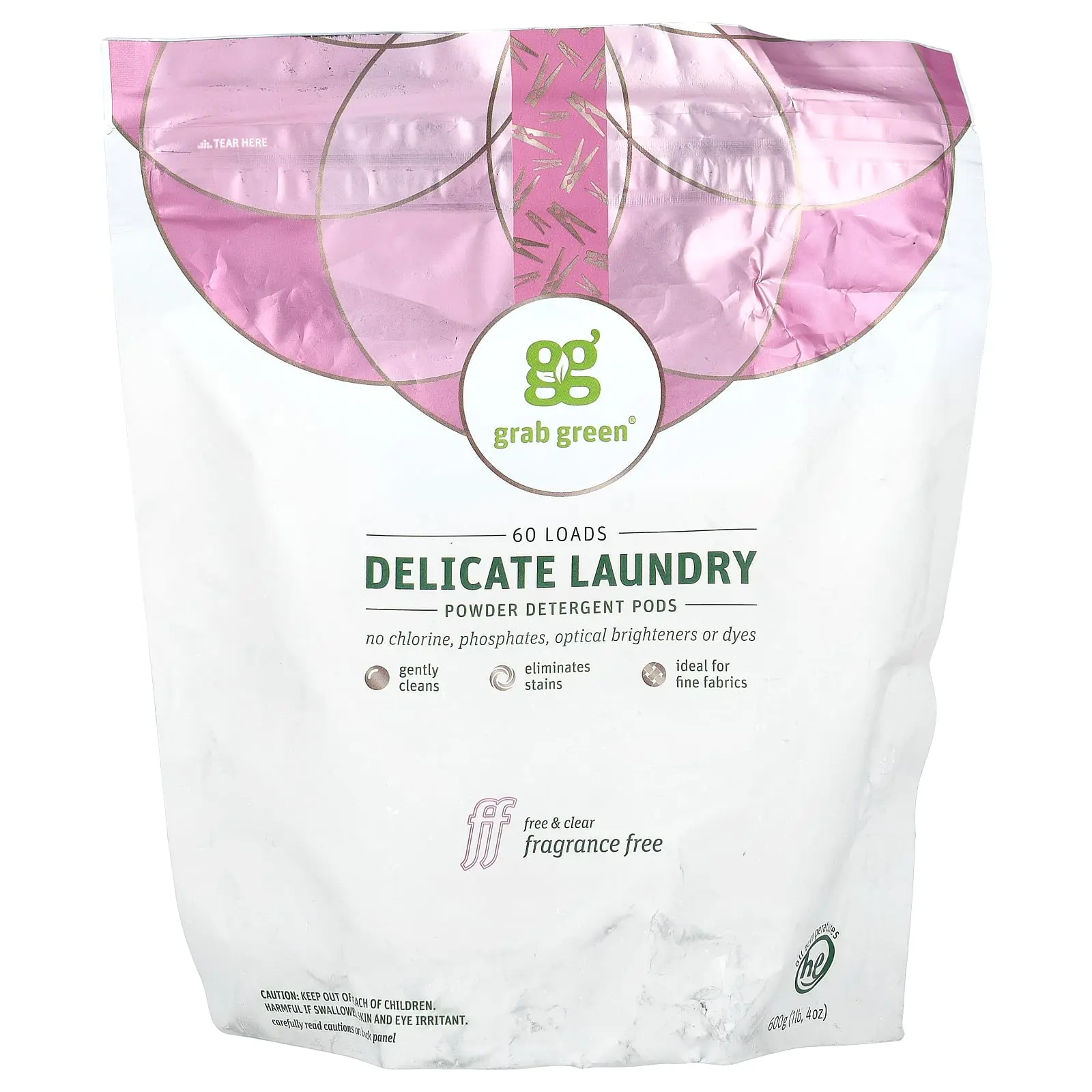 Grab Green Delicate Laundry Powder Detergent Pods, Fragrance Free, 60 Loads, 1 lb 4 oz (600 g)
