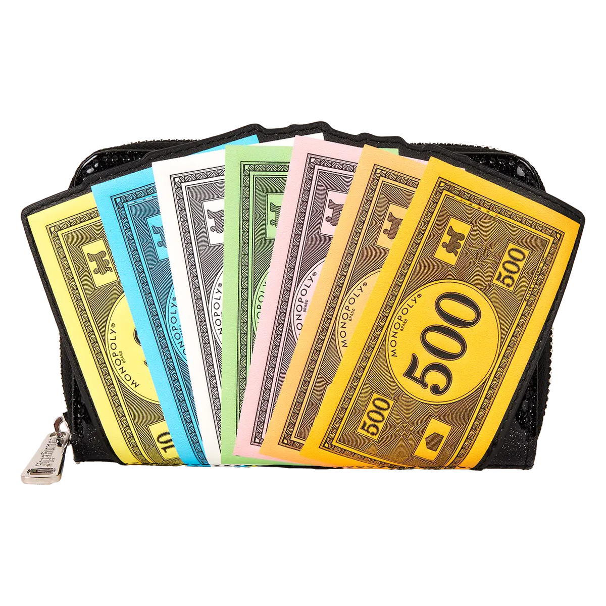Loungefly Hasbro Monopoly Money Applique Wallet in Glittered Faux Patent Leather, Compact Zipper Wallet Design with an ID Slot M Logo