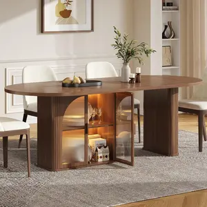 【CategorySelect】ONBRILL 70 Inch Oval Dining Table for 6-8, Modern Dining Room Table with 2-Tier Storage Space, Wood Kitchen Table with LED Light, Dinner Table with Heavy Duty Legs