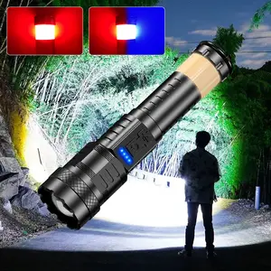 Strong Light Flashlight /USB Rechargeable/Emergency Lighting Hite Flashlight With Red and Blue Alarm Lights And COB Work Light/Buy More Good For Camping Mountaineering Fishing Garden Lighting Road Lighting