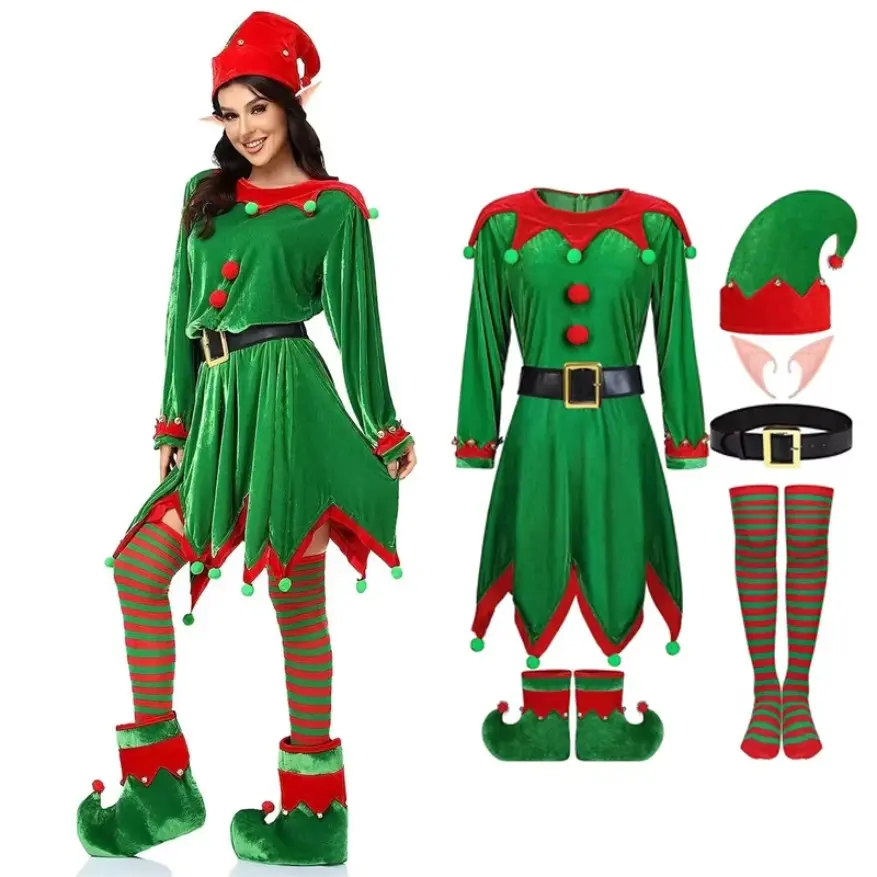 Christmas Santa Claus Costume Green Elf Cosplay Props  Dress Adult Kids Belt Hat Elf Ear Suit New Year Xmas Party Outfits