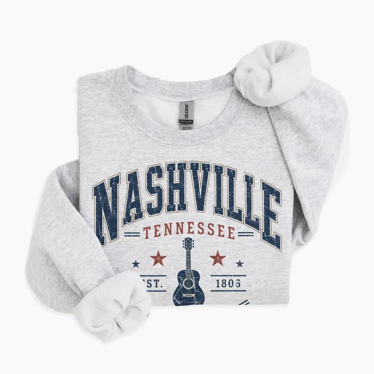 Retro Nashville Tennessee Country Music City Guitar Travel Destination Unisex Adult Crewneck Sweatshirt - Lauriel Designs  X7
