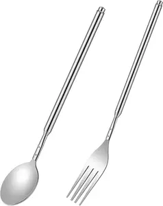 2 Pcs Extendable Fork Set, Telescopic Fork, Retractable Tableware Extends for BBQ Dinner Fruit Dessert Camping Travel(Fork and Spoon)