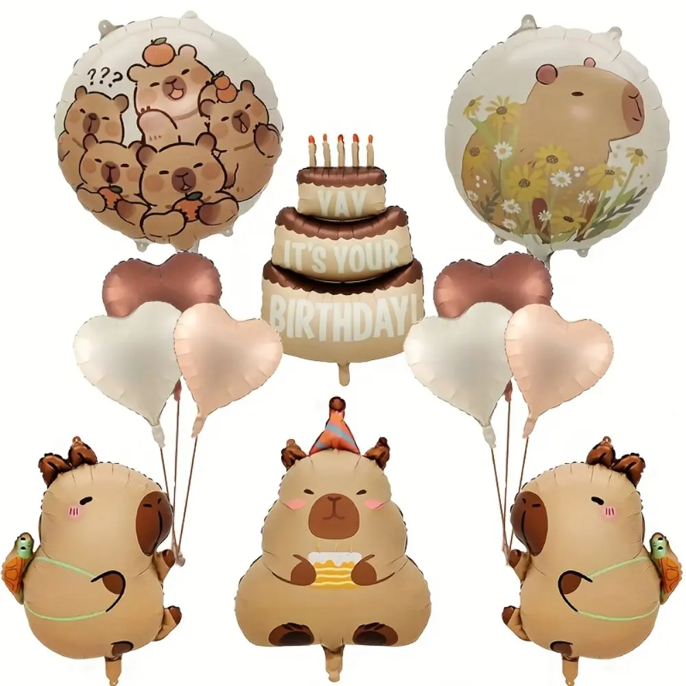 15-Piece Capybara Alumina Film Balloons Set, Balloon Decorations Kit, Balloon Party Supplies, Includes Happy Birthday Cake, Heart Balloons, Capybara Balls, Ideal for Party Decorations