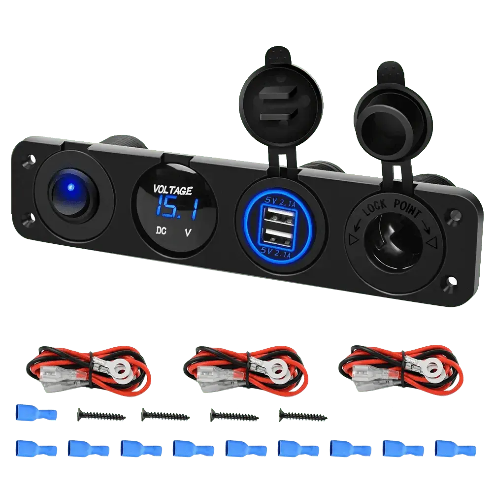 Nilight 4-in-1 ON/OFF Blue Charger Socket Panel with Dual USB Voltmeter, USB Car Connector, 12-24V Input Multifunctional Vehicle Electronic Accessory, Automotive Car Charger, Car Plug Charger