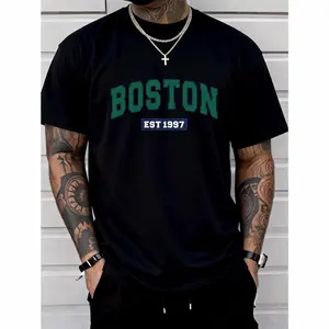 100% Cotton Men'S Boston Est. 1997 Graphic Print T-Shirt, Casual Crew Neck Short Sleeve Tee with Slight Stretch, Regular Fit, Letter Pattern Design, Perfect for Sports or Leisure Activities, Leisure Clothing |   Trendy Crew Neck |   Versatile Style