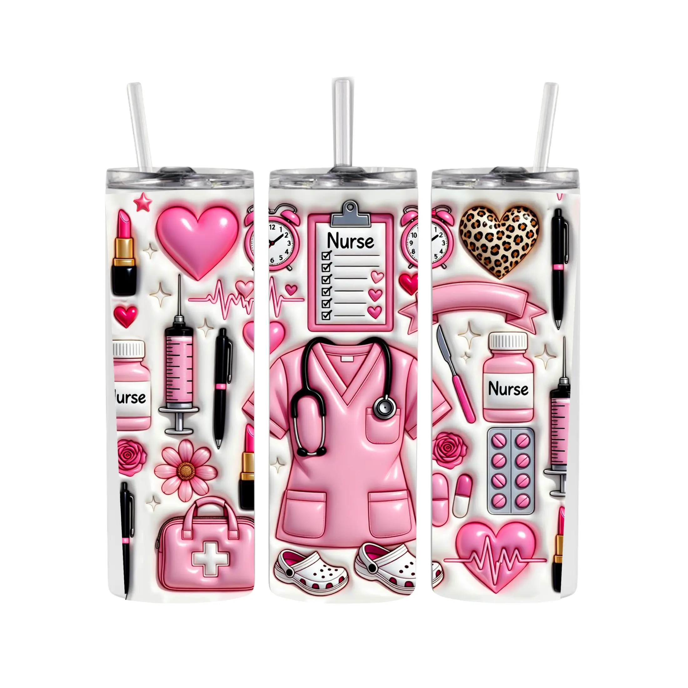 20 oz Insulated Leak-Proof Pink Nurse-Themed Tumbler with Straw and Lid - Kitchen Drinkware Water Bottle for Adults, Comes Individually Boxed