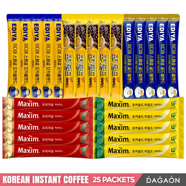 Korean Assorted Instant Coffee Mix. 25 Sticks. 5 Flavors 3-in-1 Coffee, Creamy, Smooth & Sweet. Individual Sticks for Freshness and convenience. On-the-Go Single-Serve Sachets, Ideal for Home, Work, and Travel.