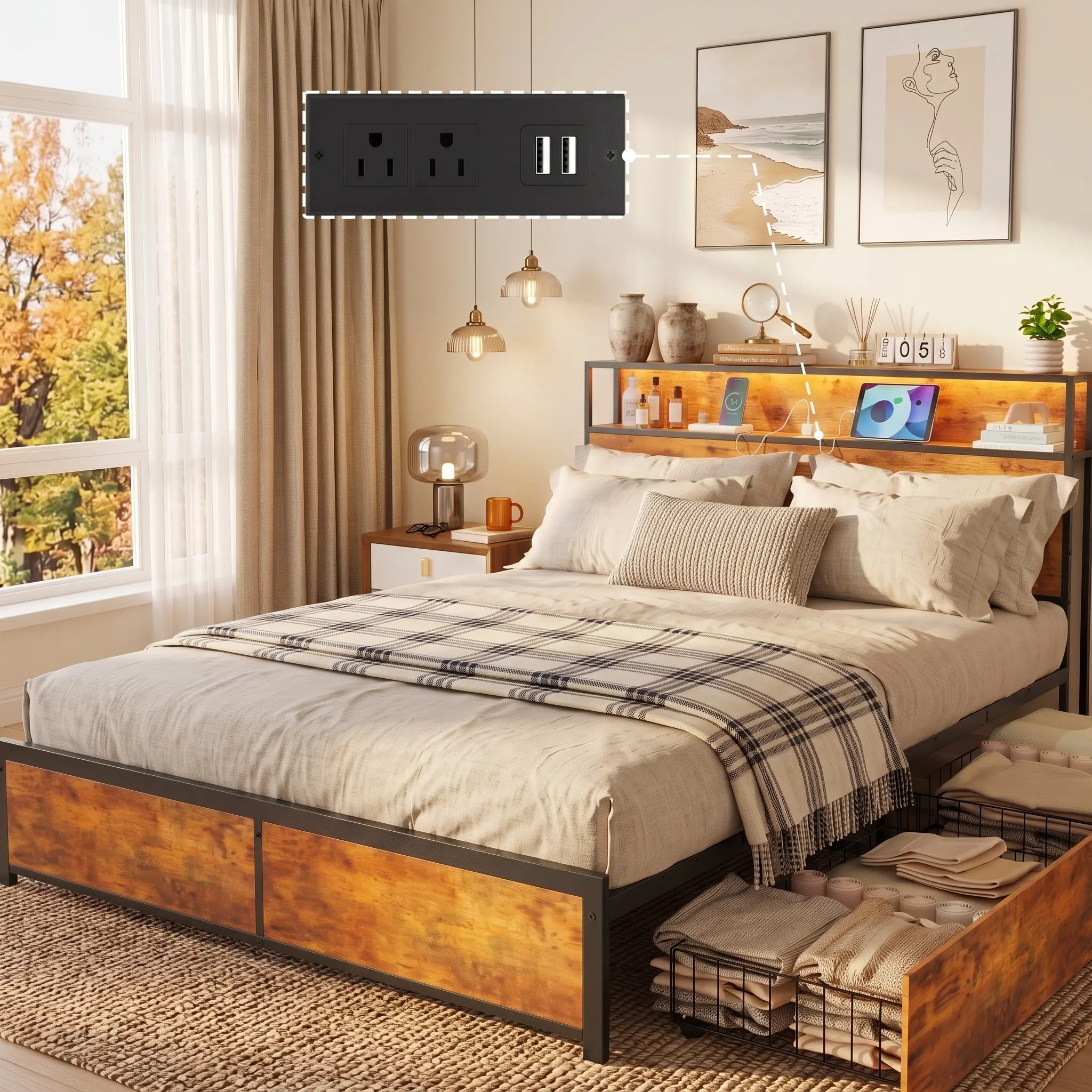 Queen Bed Frame with LED Storage Headboard, Built-in Charging Station, 4 Under-Bed Storage Drawers, Sturdy Metal Platform, No Box Spring Needed, Noise-Free, Easy Installation  frame for queen headboard twin california king size bed