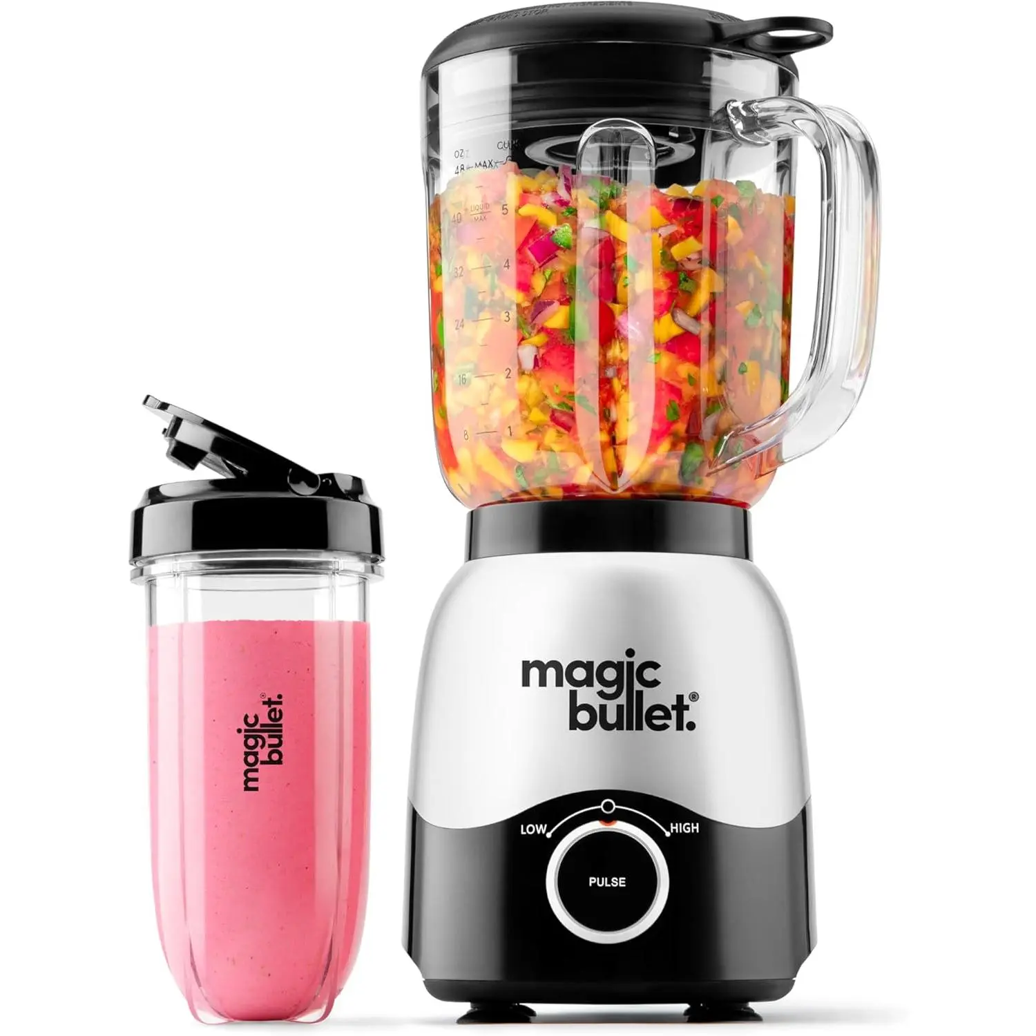 Magic Bullet Combo Countertop Blender - 600W Motor, 48oz Pitcher with Lid, 16oz To-Go Cup, Cross Blades, Compact Silver Modern Body, Quick Mixing - 600W & Above, for Busy Household Users