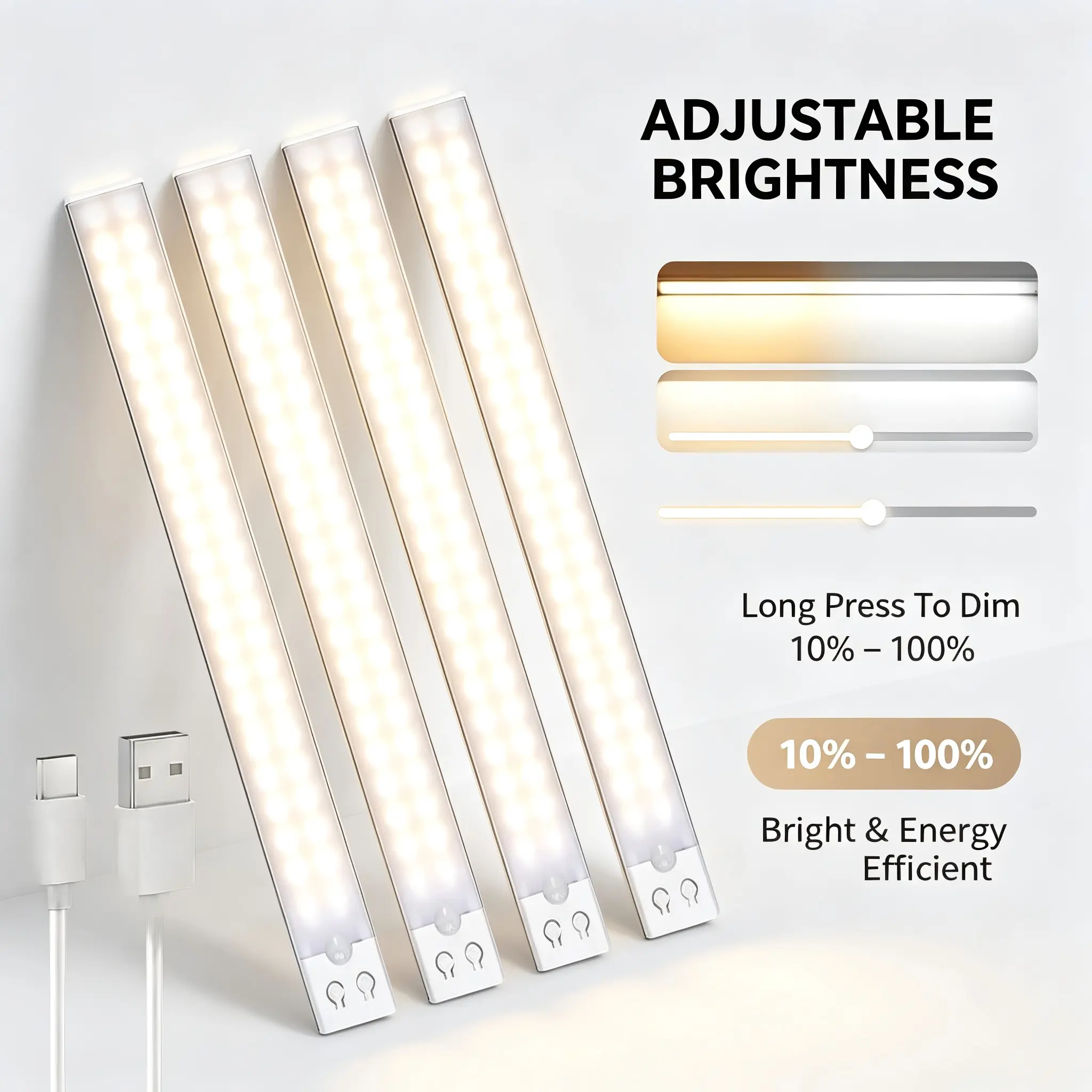 4 Pack ABS Plastic Motion Sensor Cabinet Nightlights - 76 Bright LEDs, 1500mAh USB Rechargeable Magnetic Dimmable Light Bars, Wire-Free for Closets, Stairs, Nightlight