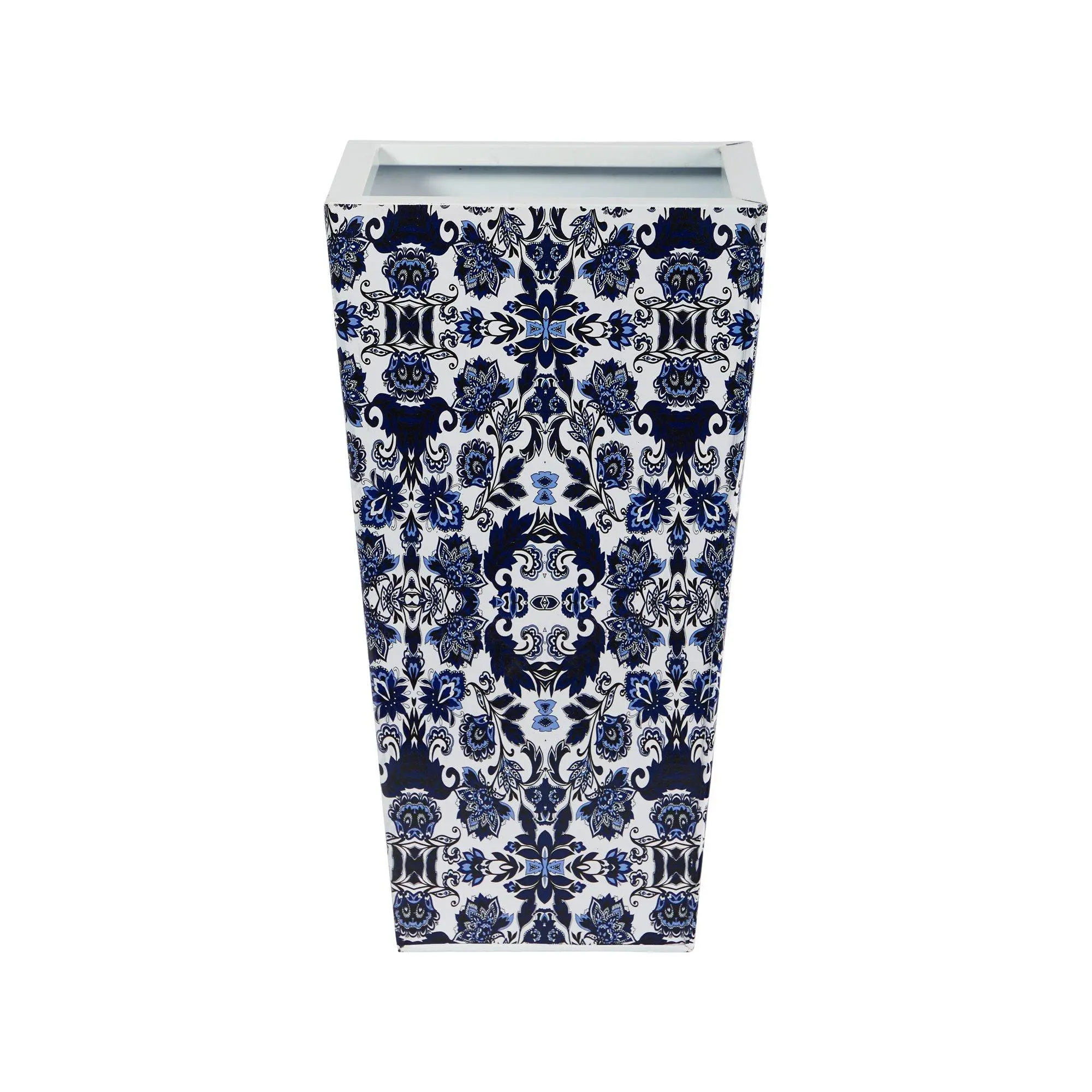18in Traditional Hand-Painted Oriental Blue and White Classic Metal Planter, Decorative Design Flower Pot for Houseplant Lovers - Large Flower Pots for Plant Decor