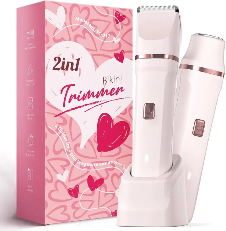 2-in-1 Bikini Trimmer for Women | IPX7 Waterproof Painless Electric Razor with Ceramic Blade | 90-Min Rechargeable Wet/Dry Pubic Hair Shaver & Grooming Kit