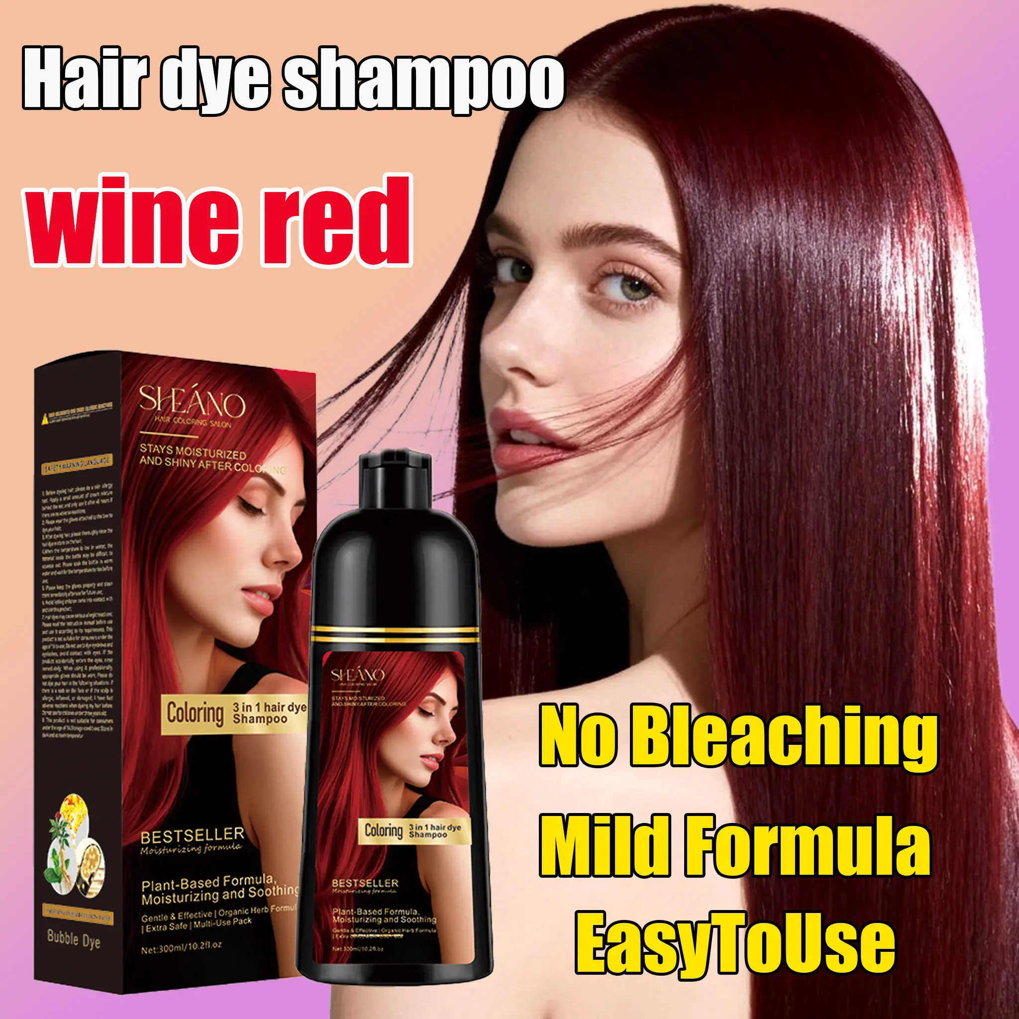 Wine Red | 3-in-1 Hair Dye Shampoo: Instantly Covers Gray Hair. One Wash = Dyeing + Conditioning + Cleansing.Instantly Transforms Gray Hair into a Chic, Wine-Red Look.No Bleaching Required, Gentle on Hair—Effortless Beauty, Even for the "Lazy"!