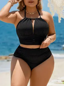 Plus Size Halter Neck Swimsuit & Trunks Set: Solid Color Matching Swimwear for Summer Beach Vacation - Comfortable Beachwear