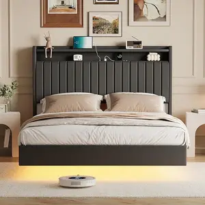 Floating Bed Frame with LED Lights & Charging Station, Upholstered PU Leather Platform Bed Frame with Storage Headboard, 50" Tall Headboard Bed with Stable Structure, No Box Spring Needed