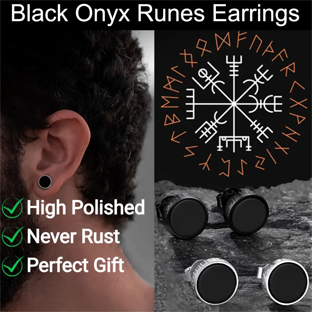FaithHeart Black Onyx Stud Earrings with Viking Runes For Men Women